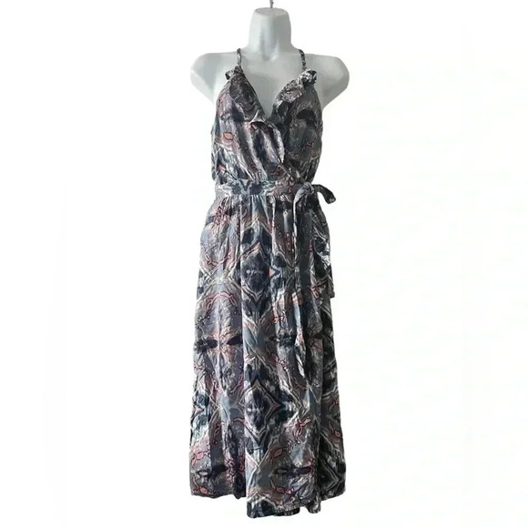 ROXY STRAPPY racerback ruffles MIDI WRAP DRESS BLUE dress size Small - Picture 2 of 6